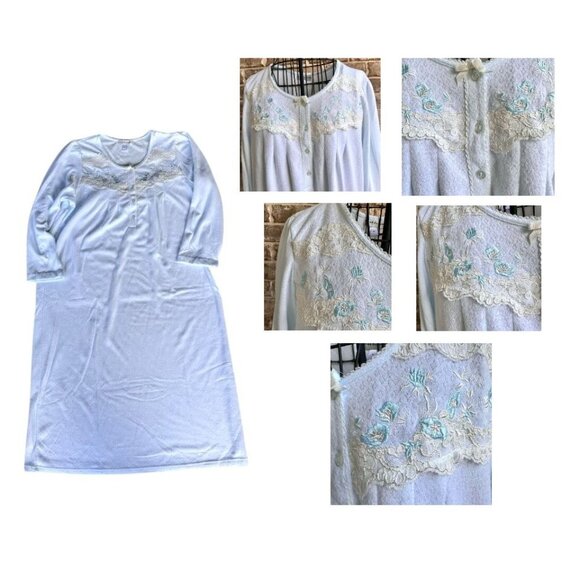 Miss Elaine Maxi Nightgown Small Blue Fleece Embroidered Flowers Lace Buttons - Picture 3 of 12